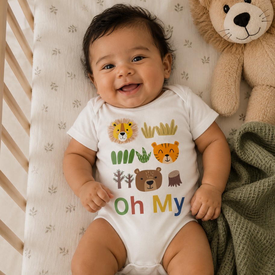 Baby wearing printed jumpsuit
