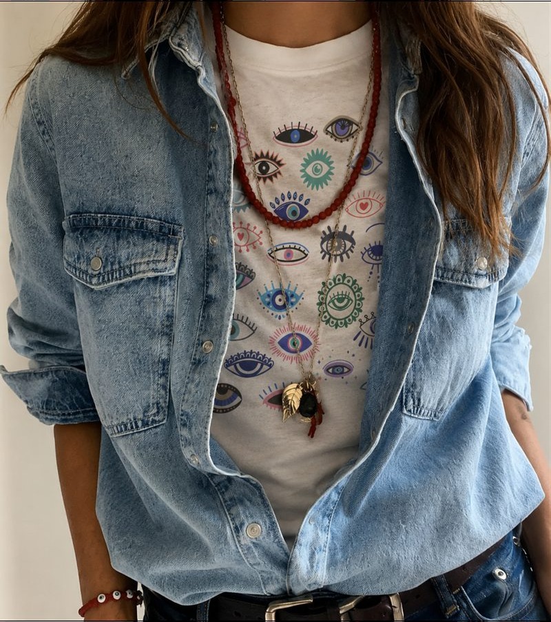 Woman wearing printed graphic tee