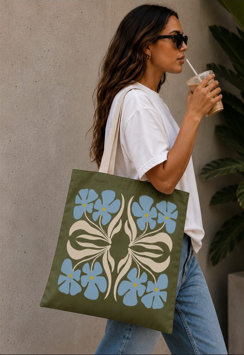 Woman carrying floral tote bag