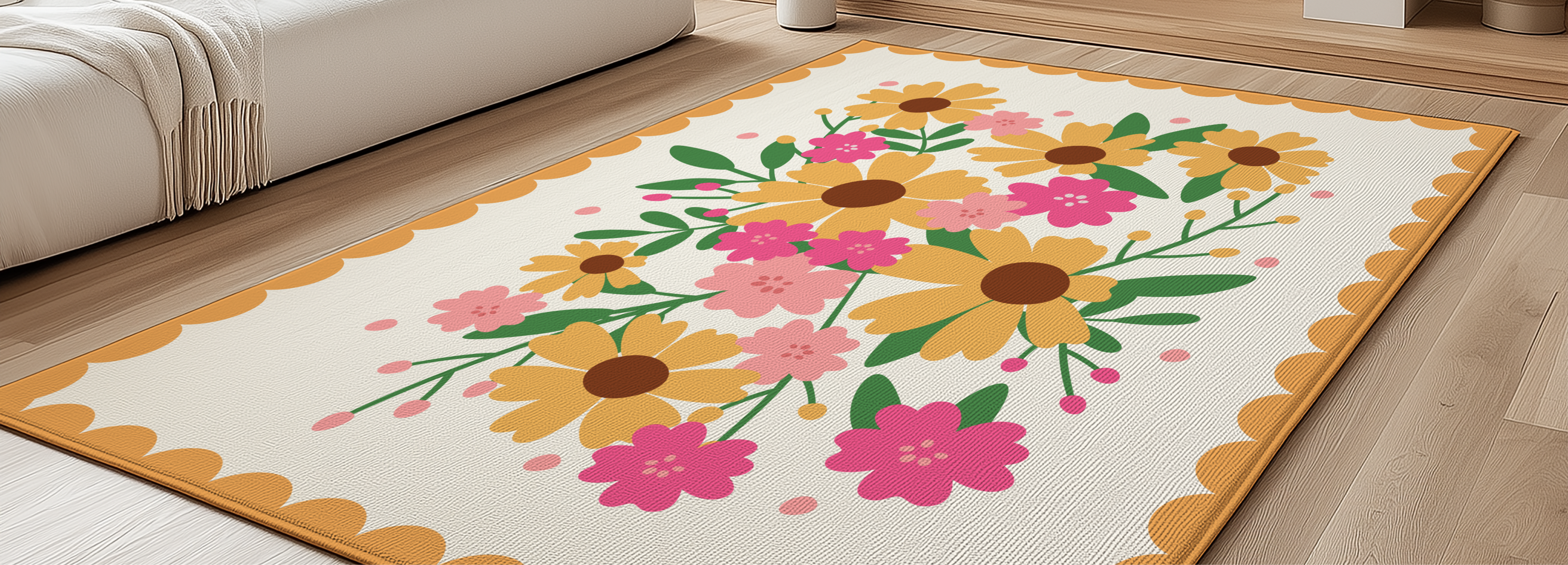 Colorful floral area rug in a modern living room