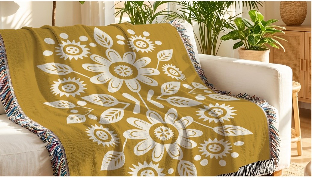 Custom-designed blanket draped over a couch