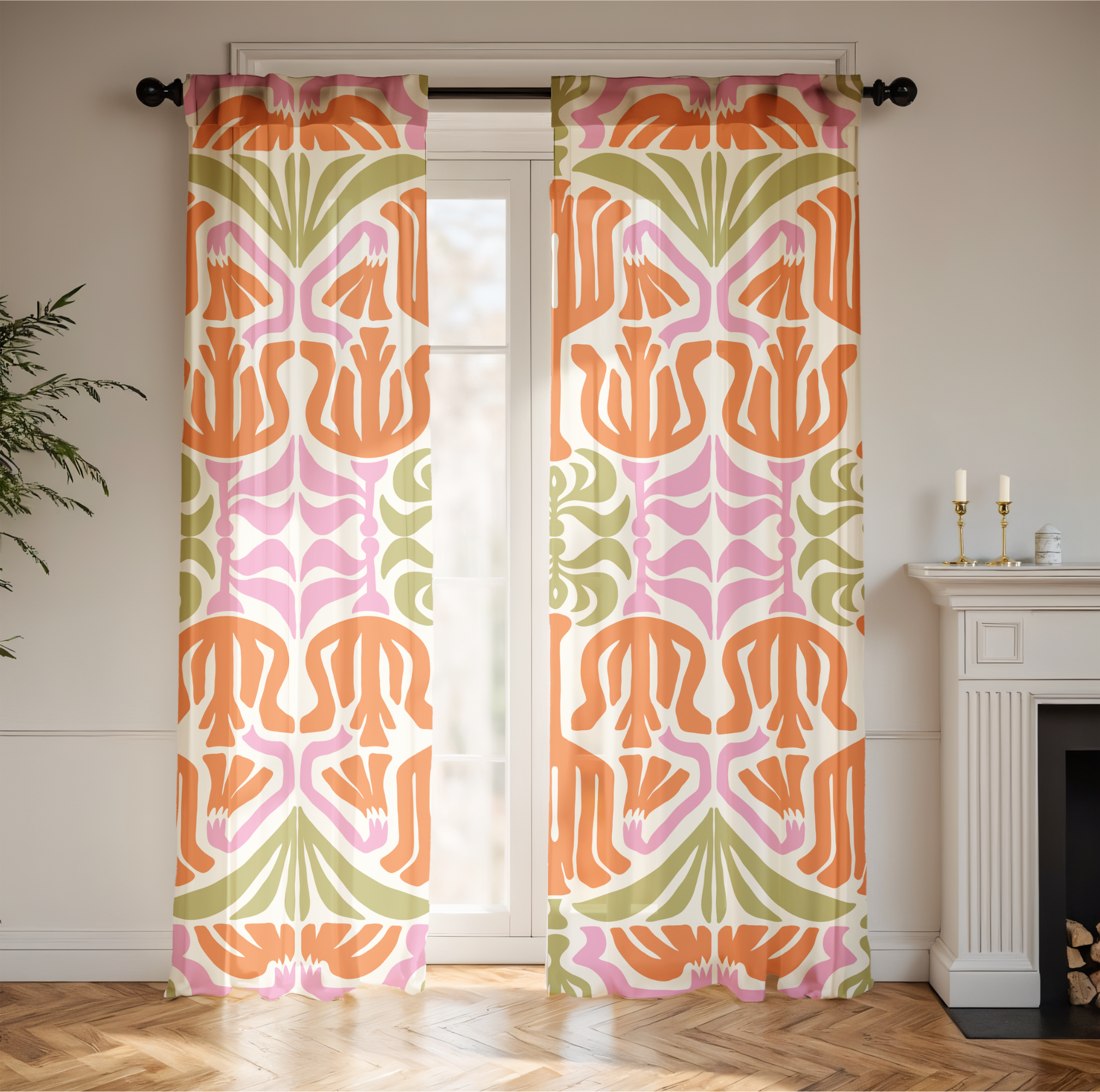 Colorful custom-designed curtains in a living room