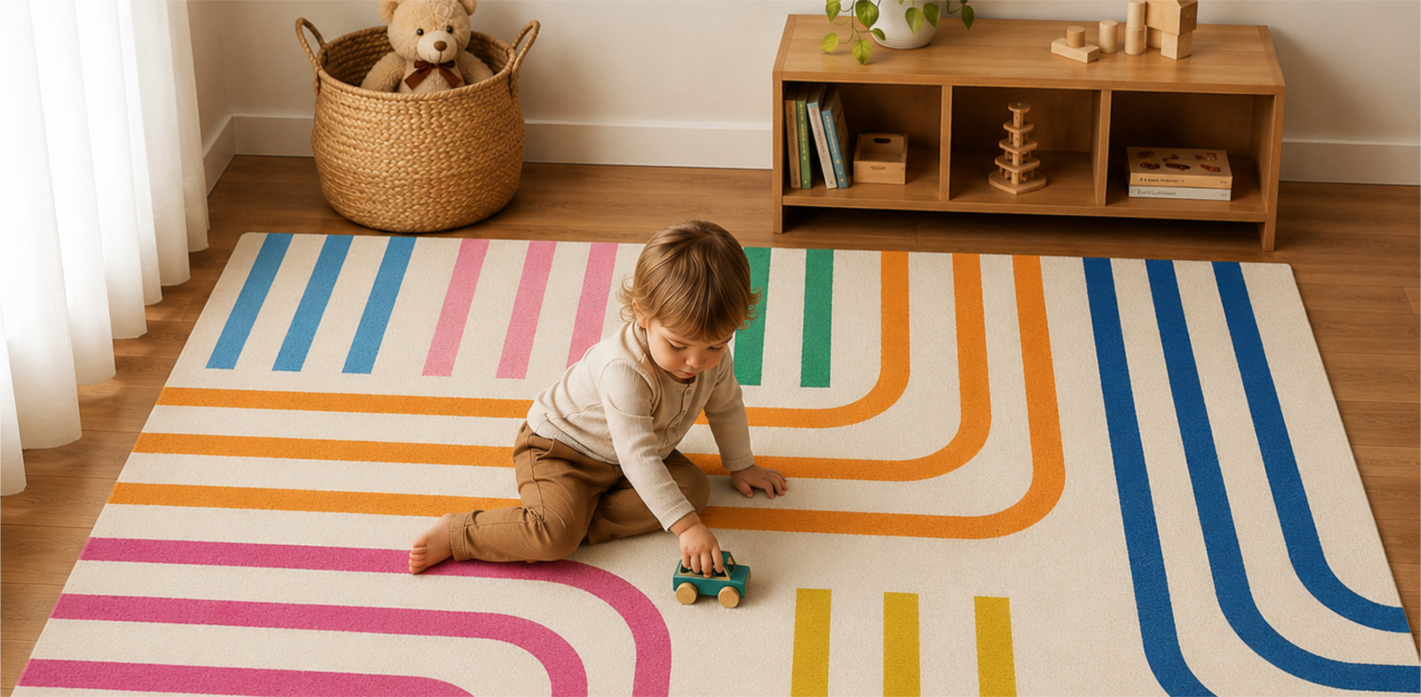 Children's striped area rug in a playroom