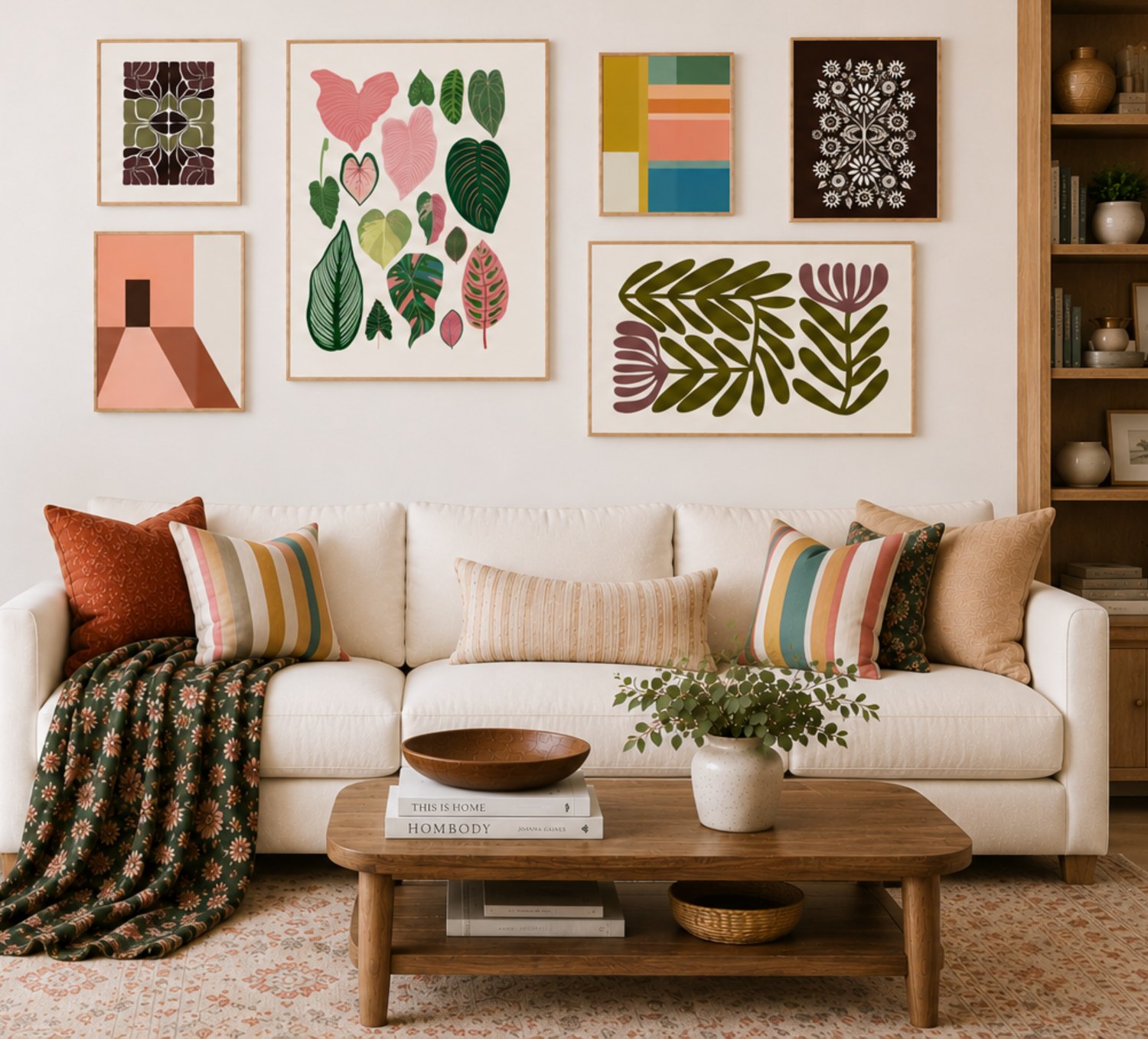 A curated living room with personalised wall art